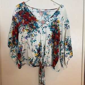 lovestitch White Floral Tie-Front V-Neck Top with Red, Teal & Yellow Accents